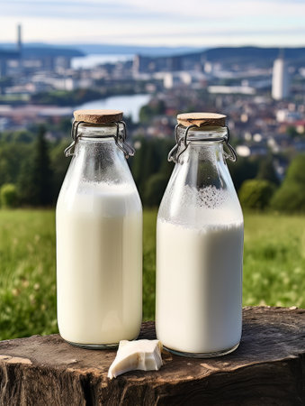 Two bottles of homemade village milk against the backdrop of the village. AIの素材