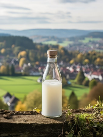 Bottle of homemade village milk against the backdrop of the village. AIの素材