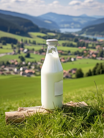 Bottle of homemade village milk against the backdrop of the village. AIの素材