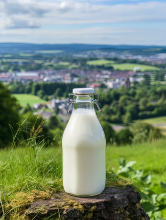 Bottle of homemade village milk against the backdrop of the village. AIの素材