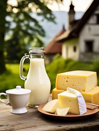 Table with board of different types of cheeses and milk on farmhouse table. AIの素材