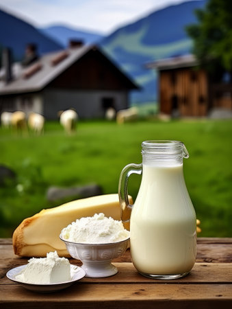 Table with board of different types of cheeses and milk on farmhouse table. AIの素材