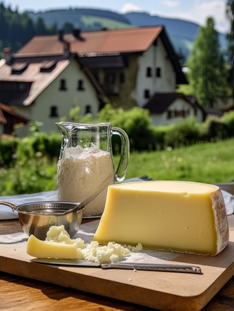 Table with board of different types of cheeses and milk on farmhouse table. AIの素材
