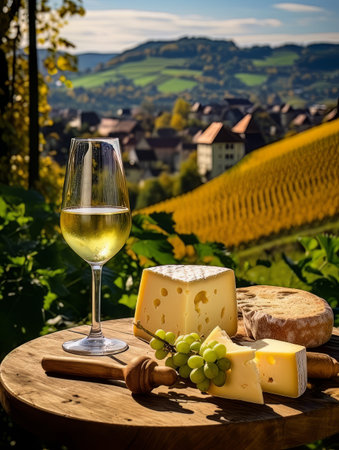 Varied Cheese board and white wine against the backdrop of village. AIの素材