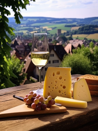 Varied Cheese board and white wine against the backdrop of village. AIの素材