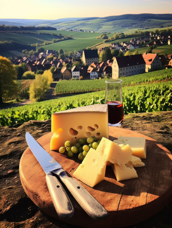 Cheese board and white wine against the backdrop of village. AIの素材