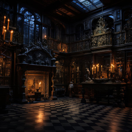 Luxurious baroque room with fireplace and lit candles AIの素材