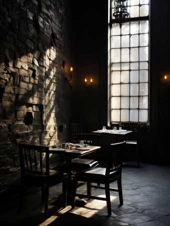 Sunlight penetrates through window into stone room of old pub AIの素材