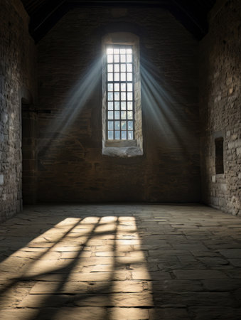 Sunlight penetrates through window into empty stone prison room of old castle AIの素材