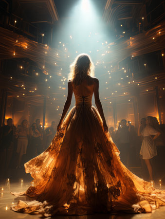 Fictional woman artist in dress on big stage of luxury concert hall AIの素材