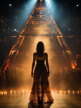 Fictional woman artist in dress on big stage of luxury concert hall AIの素材