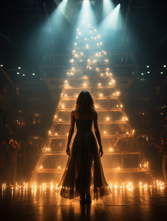 Fictional woman artist in dress on big stage of luxury concert hall AIの素材