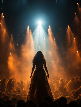 Fictional woman artist in dress on big stage of luxury concert hall AIの素材