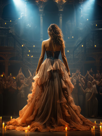 Fictional woman artist in beautiful dress on big stage of luxury concert hall AIの素材