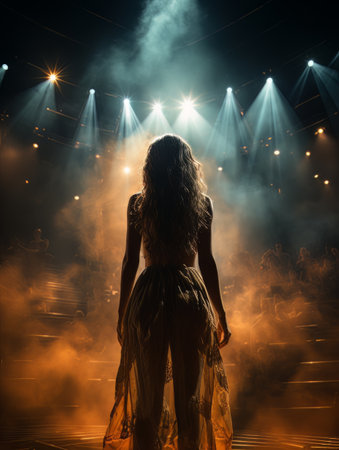 Fictional woman artist in dress on big stage of luxury concert hall AIの素材