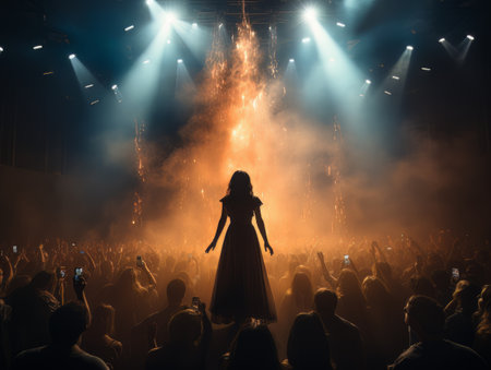 Fictional woman artist in dress on big stage of luxury concert hall AIの素材