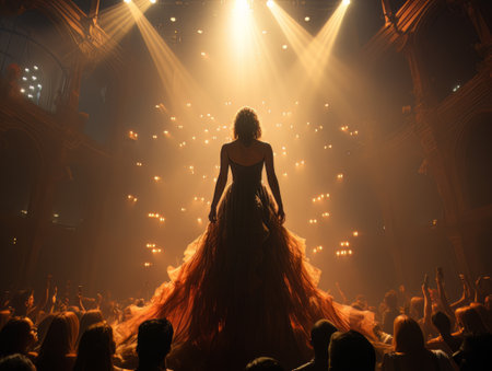 Fictional woman artist in dress on big stage of luxury concert hall AIの素材