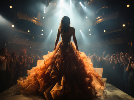 Fictional woman artist in dress on big stage of luxury concert hall AIの素材