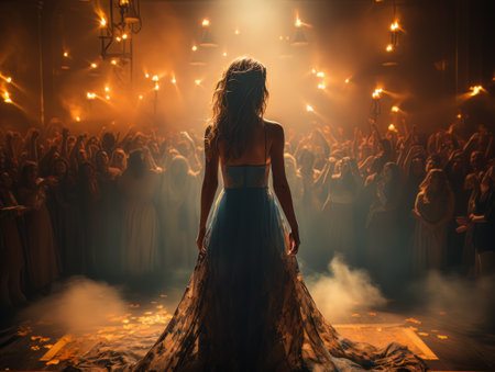 Fictional woman artist in dress on big stage of luxury concert hall AIの素材