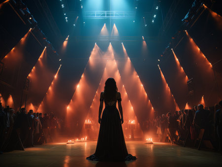Fictional woman artist in dress on big stage of luxury concert hall AIの素材
