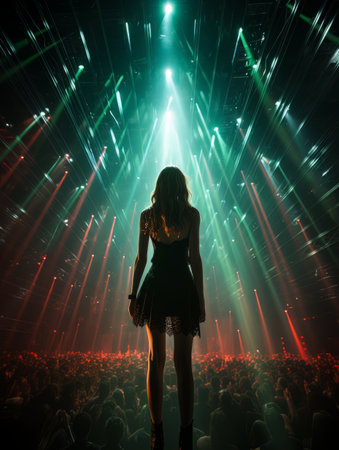 Fictional woman on stage in green and red spotlight with her back in the frame AIの素材