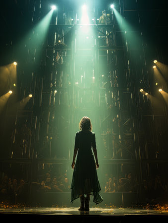 Fictional woman on stage in green spotlight with her back in the frame AIの素材