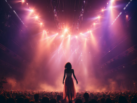 Fictional woman artist on stage in the light of purple spotlights AIの素材