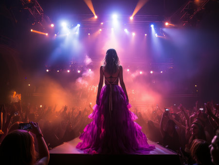 Fictional woman artist on stage in the light of purple spotlights AIの素材