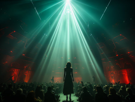 Fictional woman on stage in green and red spotlight with her back in frame AIの素材