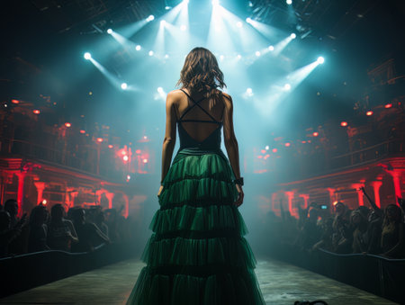 Fictional woman on stage in green and red spotlight with her back in the frame AIの素材