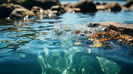 Rocks under crystal water on a river bed, beautiful calm landscape without people AIの素材
