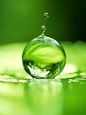 Crystal clear water drip splash on green background AIの素材