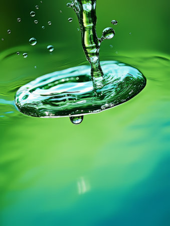 Crystal clear water drip splash on green background AIの素材