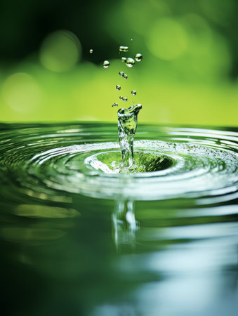 Crystal clear water drip splash on green background AIの素材