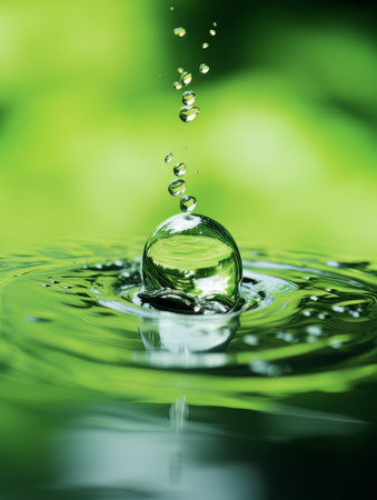 Crystal clear water drip splash on green background AIの素材