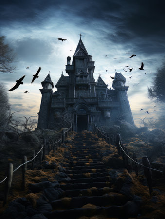 Fairytale haunted house on hill on night with full moon. AIの素材