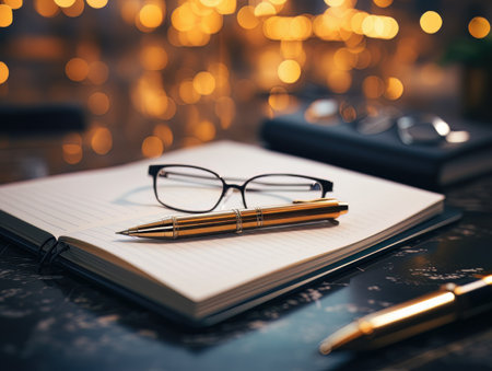 Notepad, pen and glasses on wooden desk AIの素材