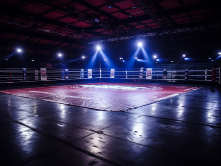 Epic empty ring for fights without rules and MMA in the spotlight on the fight night AIの素材