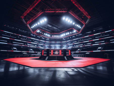 Epic empty ring for fights without rules and MMA in the spotlight on the fight night AIの素材