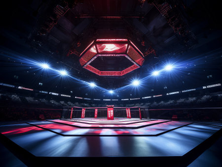 Epic empty ring for fights without rules and MMA in the spotlight on the fight night AIの素材