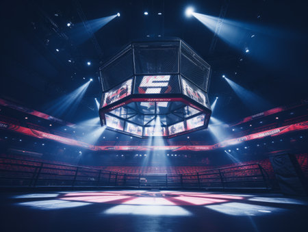 Epic empty ring for fights without rules and MMA in the spotlight on the fight night AIの素材