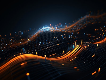 Abstract sci-fi blue and orange 3D waves, concept of digital future, AIの素材