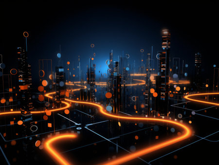 Abstract sci-fi blue and orange 3D background, concept of digital future., AIの素材