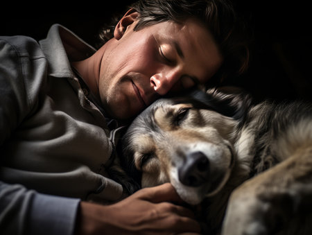 Man hugs dog with her eyes closed in the warm rays of the sun, AIの素材