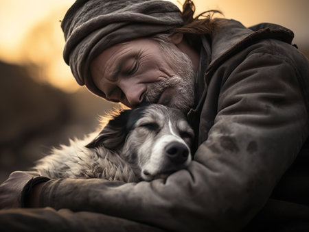 Man hugs dog with her eyes closed in the warm rays of the sun, AI