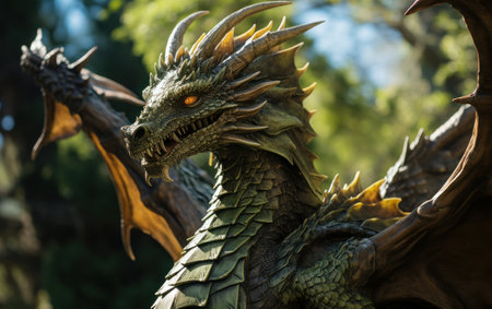 Green dragon in the forest, symbol of the year 2024, AIの素材