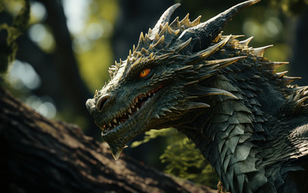 Green dragon in the forest, symbol of the year 2024, AIの素材