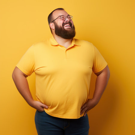 Fat man smiling in yellow t-shirt on yellow background isolated AIの素材