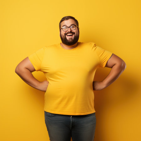 Fat man smiling in yellow t-shirt on yellow background isolated AIの素材