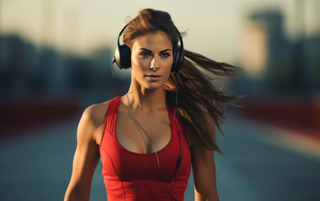 Fit brunette with headphones jogging at the street stadium. AIの素材